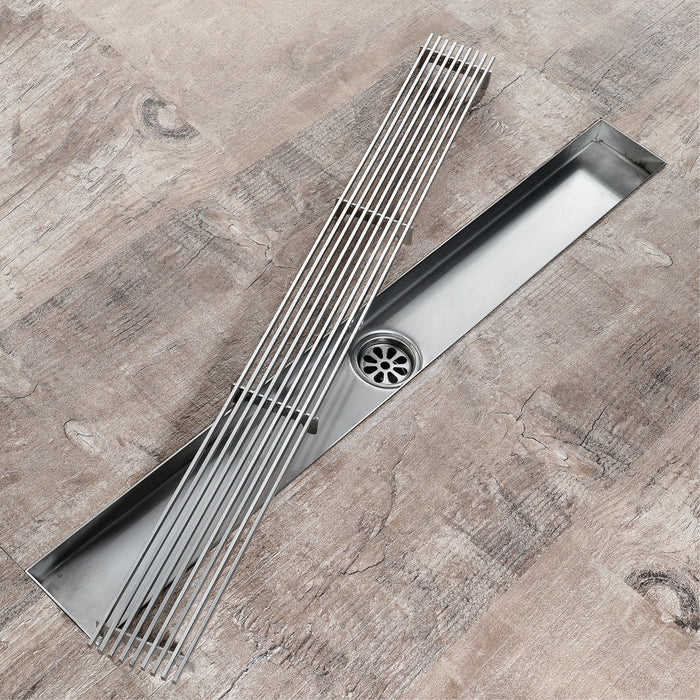 Brushed Nickel Linear shower drain stainless steel material 35.4 inch with grid cover with hair strainer and adjustment feet - angle view