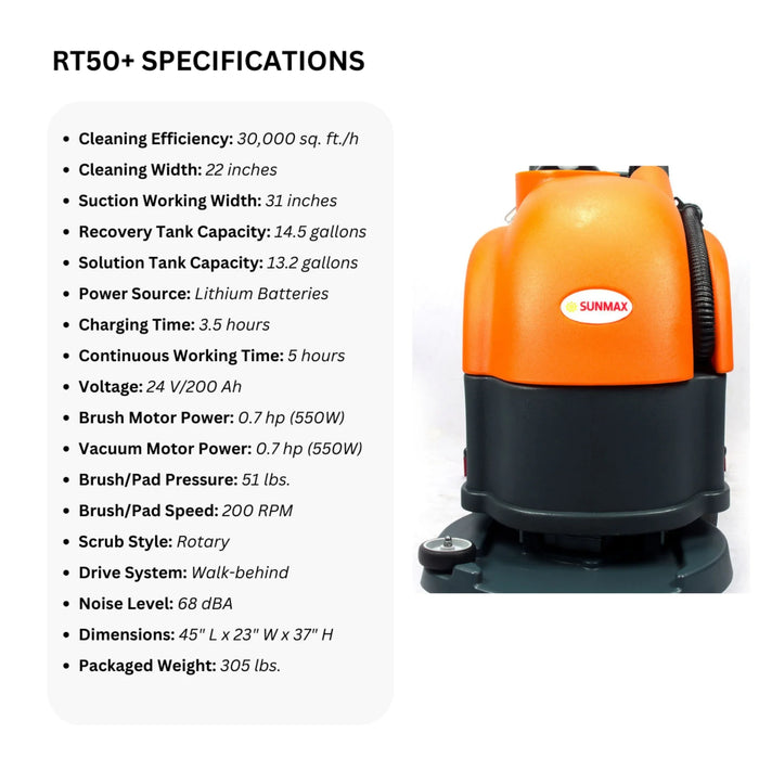 SANITMAX RT50 22" Walk-behind Commercial Floor Scrubber Dryer Machine, 30,000 sqft/h Cleaning Efficiency... - Dimensions