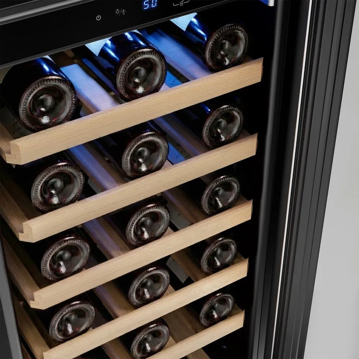 Close-up of bottles resting on the wood shelves inside the Empava EMPV-WC09S wine cooler