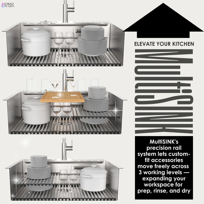 Forno Acqua 33-Inch Drop-In/Undermount 3-Level Workstation Sink with Faucet, Waterfall & Glass Rinser (D-WP30)