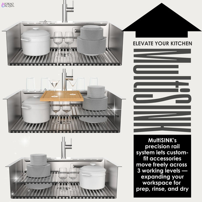 Forno Acqua 33-Inch Drop-In/Undermount 3-Level Workstation with Retractable Faucet & Glass Rinser (D-ZP30)