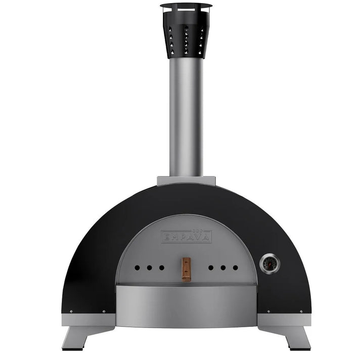 Empava EMPV-40PG902 outdoor wood fired pizza oven with black dome and stainless chimney, front view