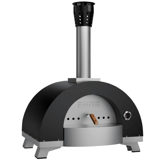 Empava EMPV-40PG902 wood fired pizza oven, angled front view showing the oven opening and temperature gauge