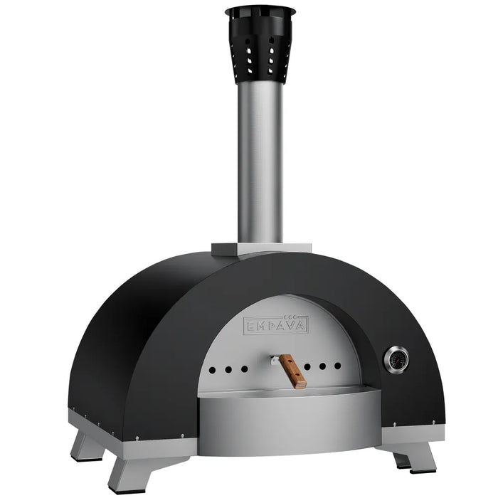Empava EMPV-40PG902 wood fired pizza oven, angled front view showing the oven opening and temperature gauge