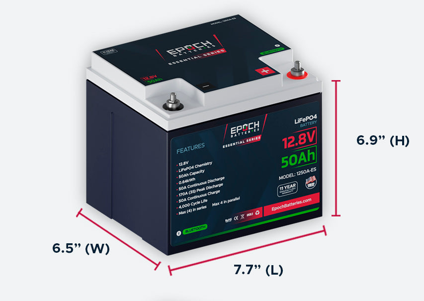 Epoch 12V 50Ah Essential Series LiFePO4 battery — dimensions and weight specifications