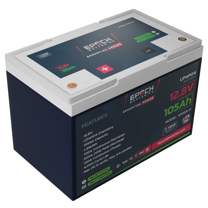 Epoch 12V 105Ah Essential Series LiFePO4 battery — side profile