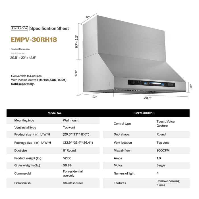 Empava EMPV-30RH18 specification sheet with dimension drawing and mounting details