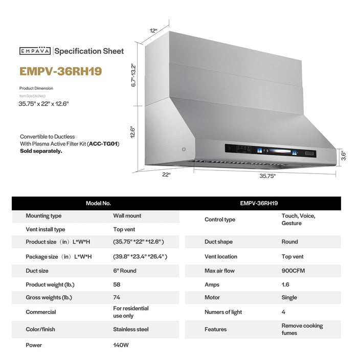 Empava EMPV-36RH19 36 inch range hood in stainless steel with a 2 year manufacturer warranty