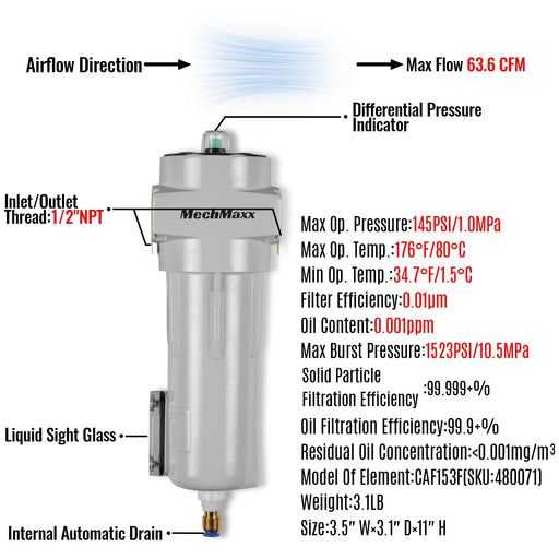 63 CFM Compressed Air Oil-Water Separator Precision Filter,0.01μm,Oil Content 0.001ppm, With Auto Drain, Pressure Indicator