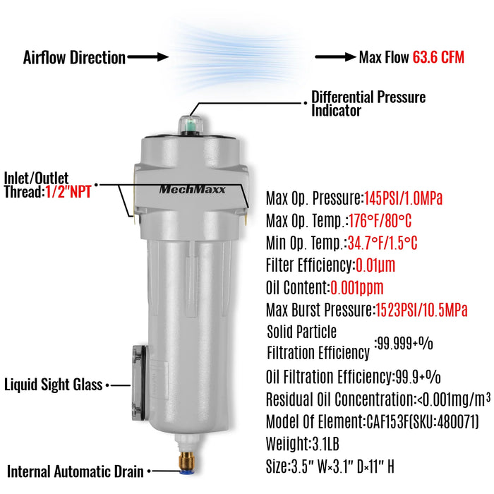 63 CFM Compressed Air Oil-Water Separator Precision Filter,0.01μm,Oil Content 0.001ppm, With Auto Drain, Pressure Indicator