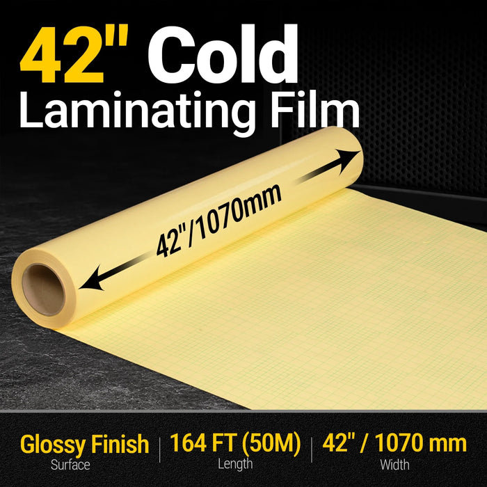 42" x 164 ft PVC Glossy Cold Laminating Film, Yellow Release Paper, for SKU: 501014, 501015, 501016, 501017, 501018, 501