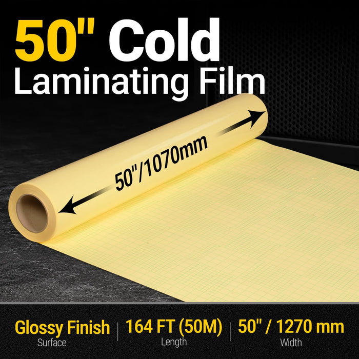50" x 164 ft PVC Glossy Cold Laminating Film, Yellow Release Paper, for SKU: 501014, 501015, 501016, 501017, 501018, 501