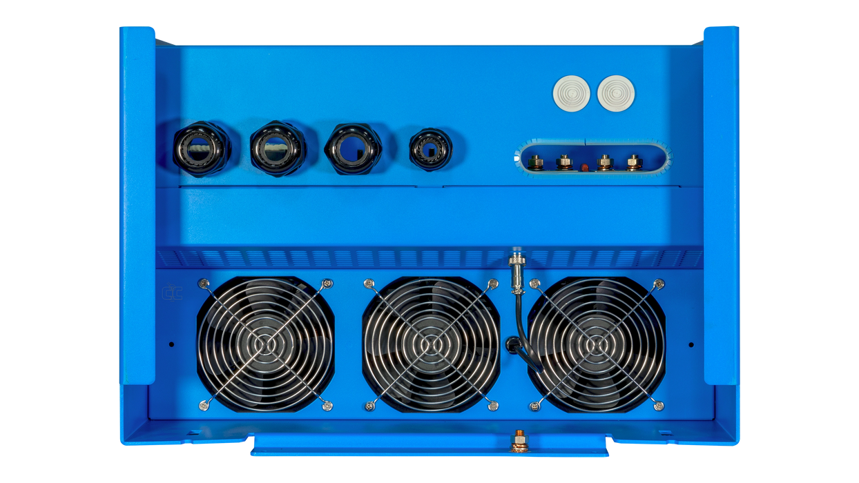 High quality photo of the Victron - QUA483150100 - 48V Quattro 15kVA 277V Inverter 200A Charger - Bottom View. Photographed by Current Connected