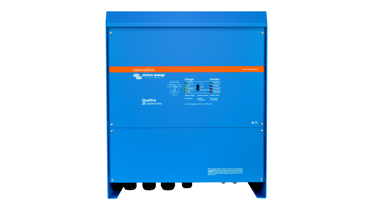 High quality photo of the Victron - QUA483150100 - 48V Quattro 15kVA 277V Inverter 200A Charger - Front View. Photographed by Current Connected