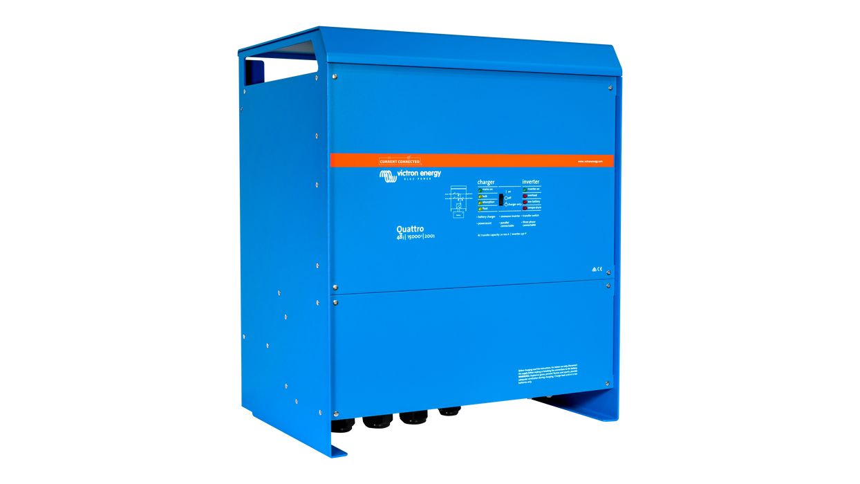 High quality photo of the Victron - QUA483150100 - 48V Quattro 15kVA 277V Inverter 200A Charger - Left View. Photographed by Current Connected