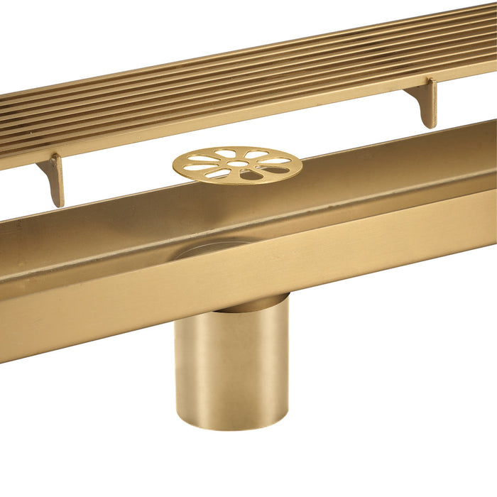 Brushed gold Linear shower drain stainless steel material 35.4 inch with grid cover with hair strainer and adjustment feet - side view