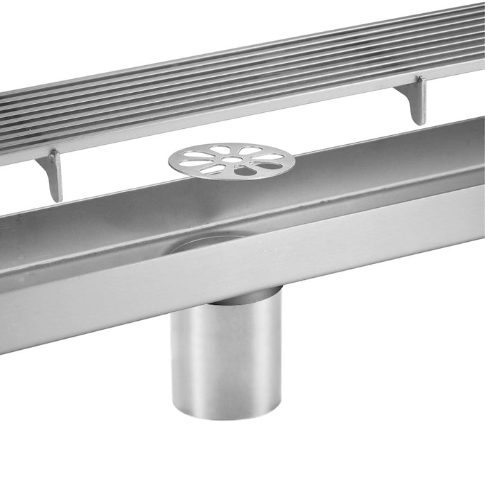 Brushed Nickel Linear shower drain stainless steel material 35.4 inch with grid cover with hair strainer and adjustment feet - detail close-up