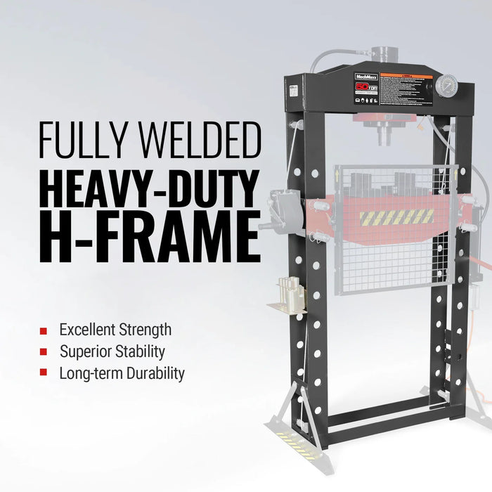 50 Ton H-Frame Air/Hydraulic Shop Press with Hand Winch & Press Pin Ki — detail view