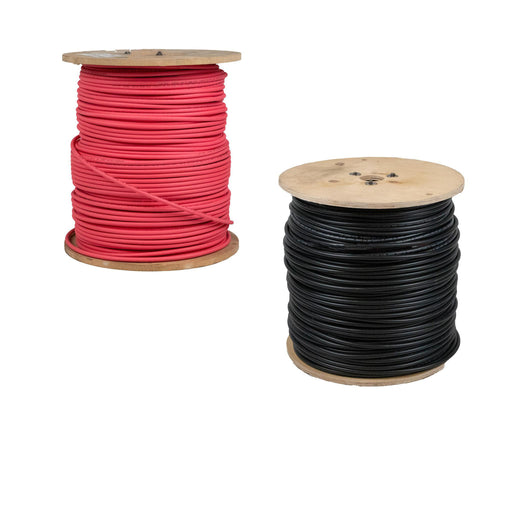 1000ft 10 AWG Copper PV Wire - Black and Red - 1000ft of red and black 10 AWG Copper PV Wire shown on a wooden spool