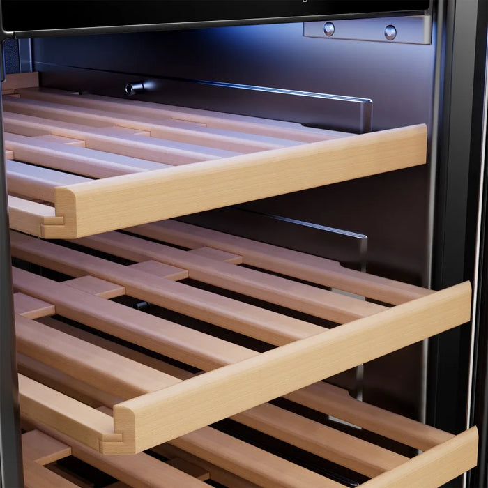 Wood shelf detail inside the Empava EMPV-WC09S wine cooler with interior lighting