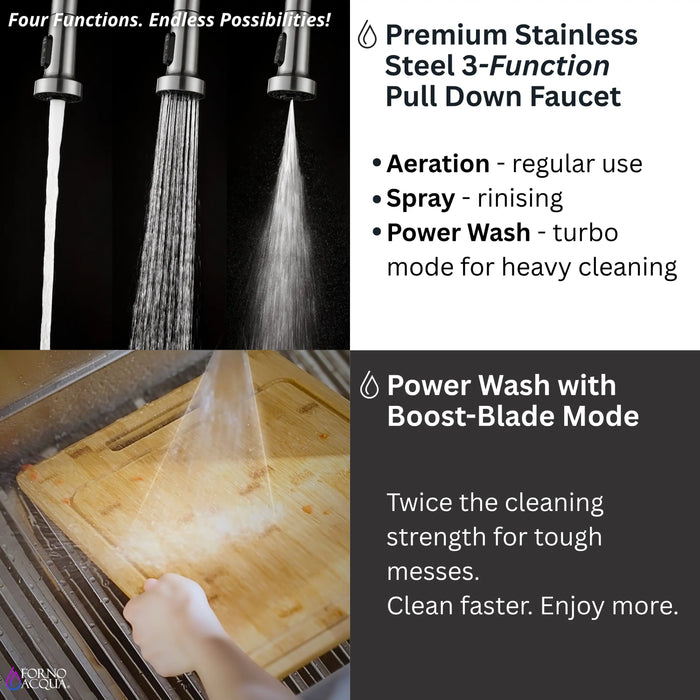 Forno Acqua 33-Inch Drop-In/Undermount 50/50 Double Bowl Stainless Steel Sink with Faucet & Waterfall (G-ZN30)