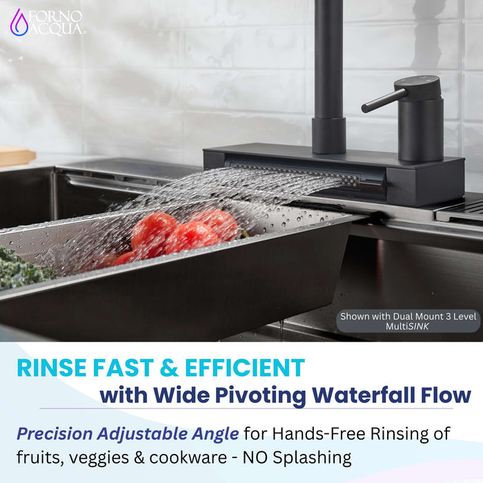 Forno Acqua -inch kitchen faucet in black pivoting waterfall spout detail