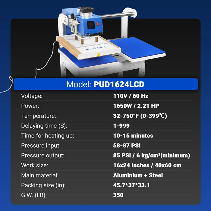 16x24 Inch Commercial Pneumatic Dual Platen Heat Press - Auto Lift Dig — detail view