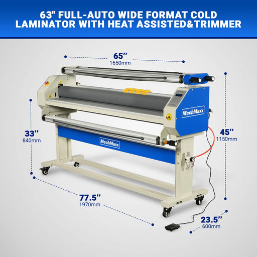 65" Wide Format Full-Auto Cold & Heat Assisted Pneumatic Laminator Machine with 4 Trimmers, Max Speed 40ft/min, 63" Max Width, 1.1" Max Thickness, Infrared Heating, Digital Control Pneumatic Roller Lifting (Requires Air Compressor, Not Included) 1700-B2