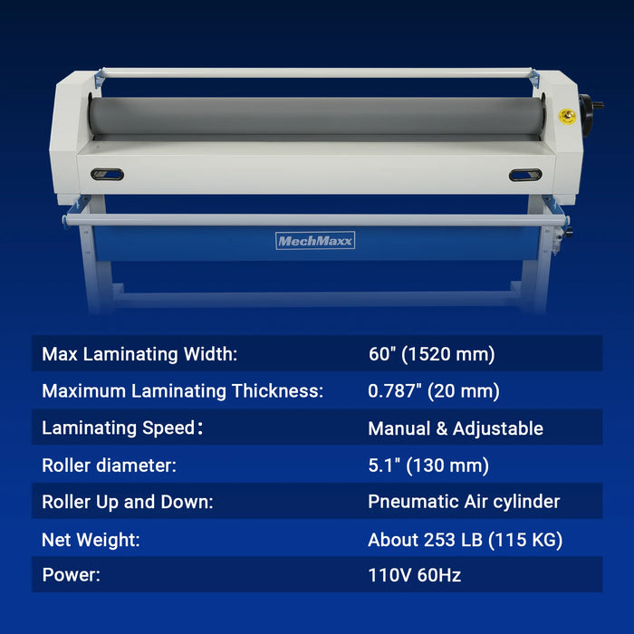63" Wide Format Pneumatic Laminator Manual Cold Laminating Machine 60" Max Laminating Width,Pneumatic Roller Lift & Wear-Resistant Rubber Roller Portable Stand Included, 0.78" Max Thickness (Requires Air Compressor, Not Included) 1600-C1
