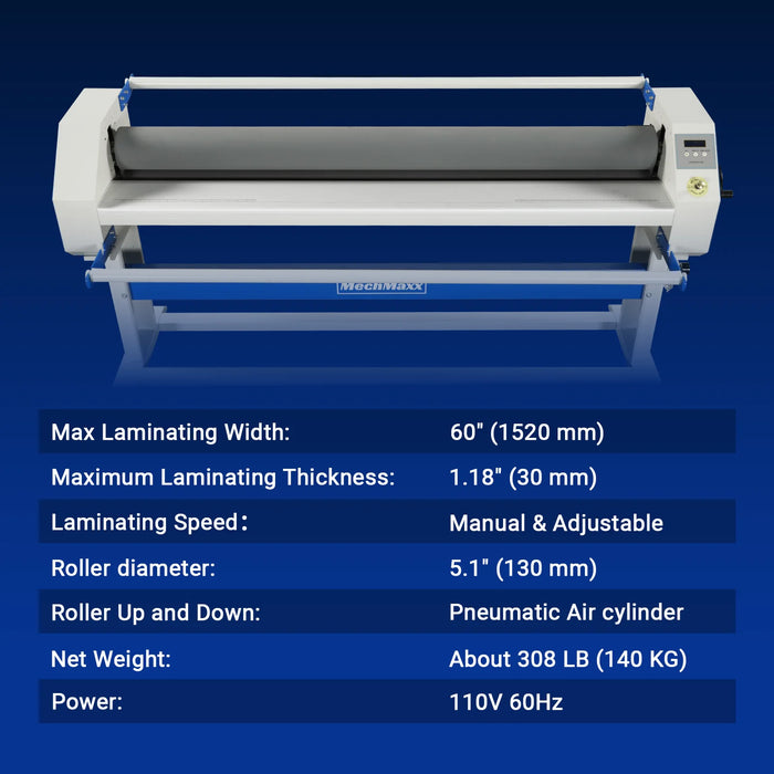 63" Wide Format Pneumatic Laminator Manual Cold Laminating Machine 60" Max Laminating Width,Pneumatic Roller Lift Portable Stand Included, 0.78" Max Thickness (Requires Air Compressor, Not Included) 1600-C2