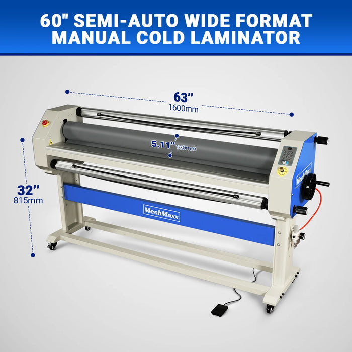 63" Wide Format Pneumatic Laminator Manual Cold Laminating Machine 60" Max Laminating Width,Pneumatic Roller Lift Portable Stand Included, 0.78" Max Thickness (Requires Air Compressor, Not Included) 1600-C3Pro
