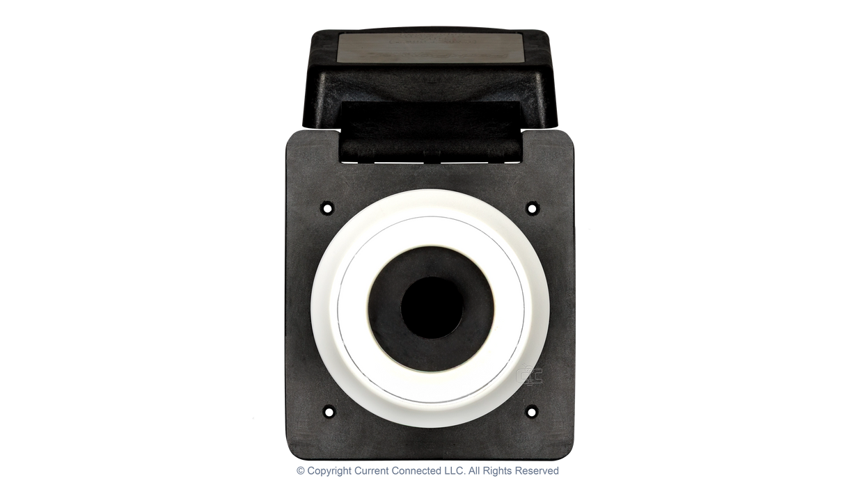High quality photo of the Marinco 50A twist-lock power inlet with the door in the open position, photographed by Current Connected