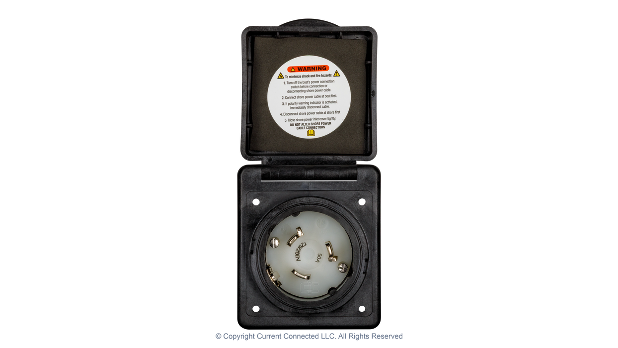 High quality photo of the Marinco 50A twist-lock power inlet with the door opened, photographed by Current Connected