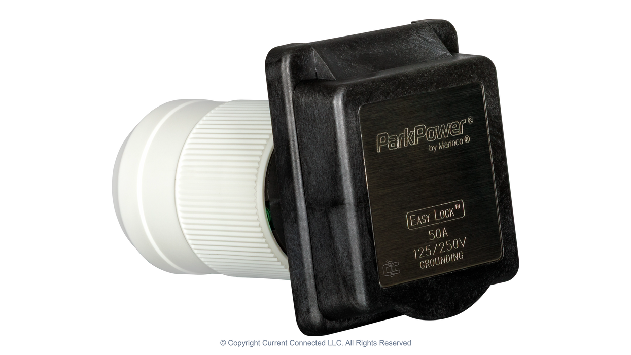High quality photo of a Marinco 50A twist-lock power inlet, photographed by Current Connected