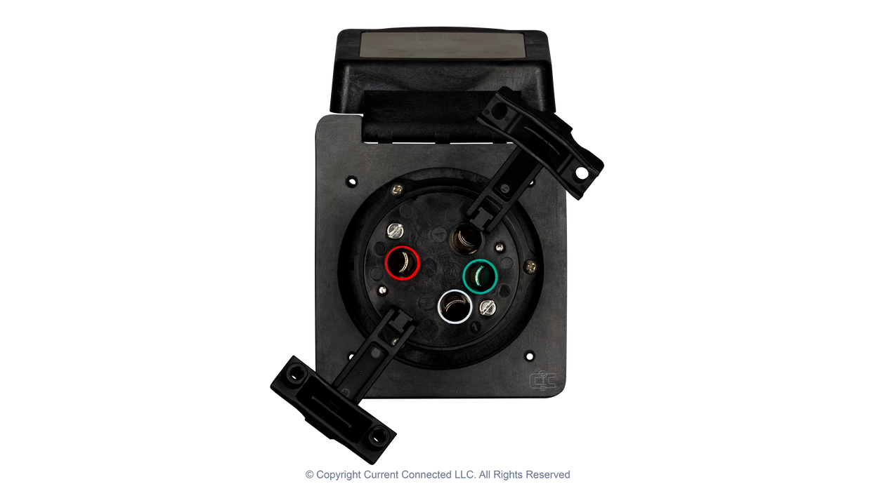 High quality photo of the Marinco 50A twist-lock power inlet with cable inserts open for display, photographed by Current Connected