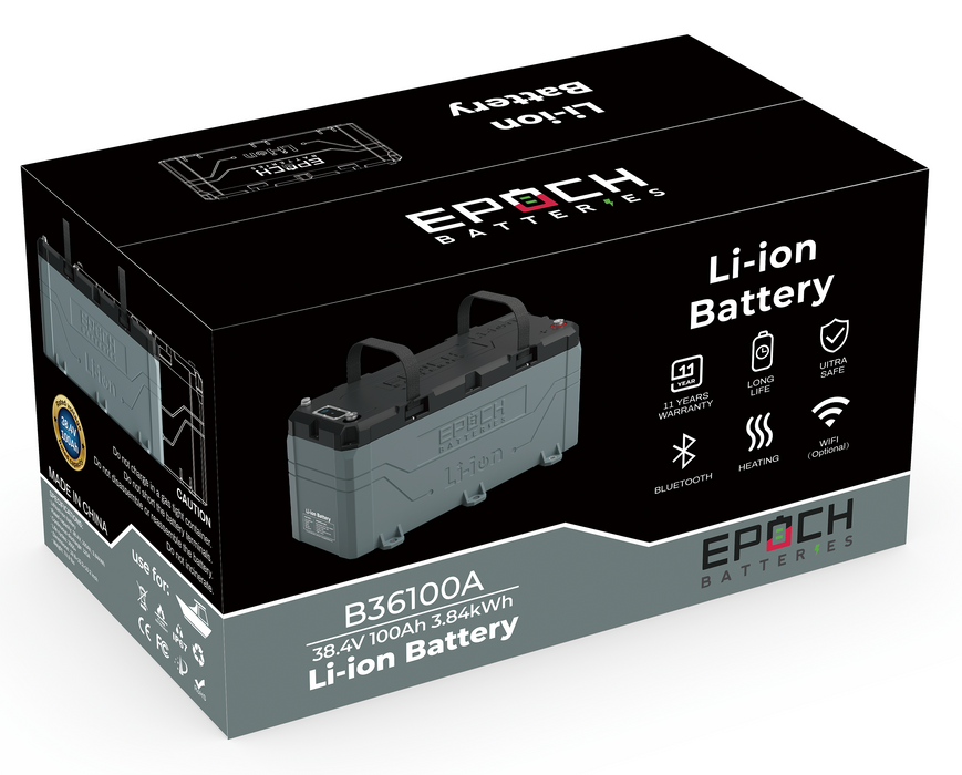 Epoch 36V 100Ah LiFePO4 battery — top view
