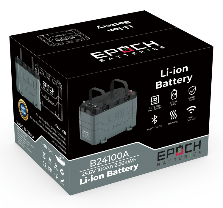 Epoch 24V 100Ah LiFePO4 battery — top view