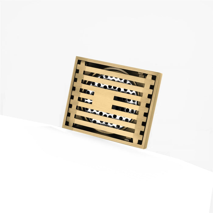 8 x3 Inch or 4 x 4 inch Shower Linear Brushed Gold Drain Rectangular Floor Drain with Accessories Square Hole Pattern Cover Grate Removable  Brushed Gold Brass - top view