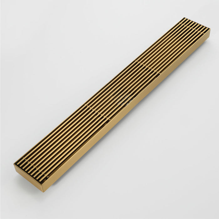 Brushed gold Linear shower drain stainless steel material 35.4 inch with grid cover with hair strainer and adjustment feet - detail close-up