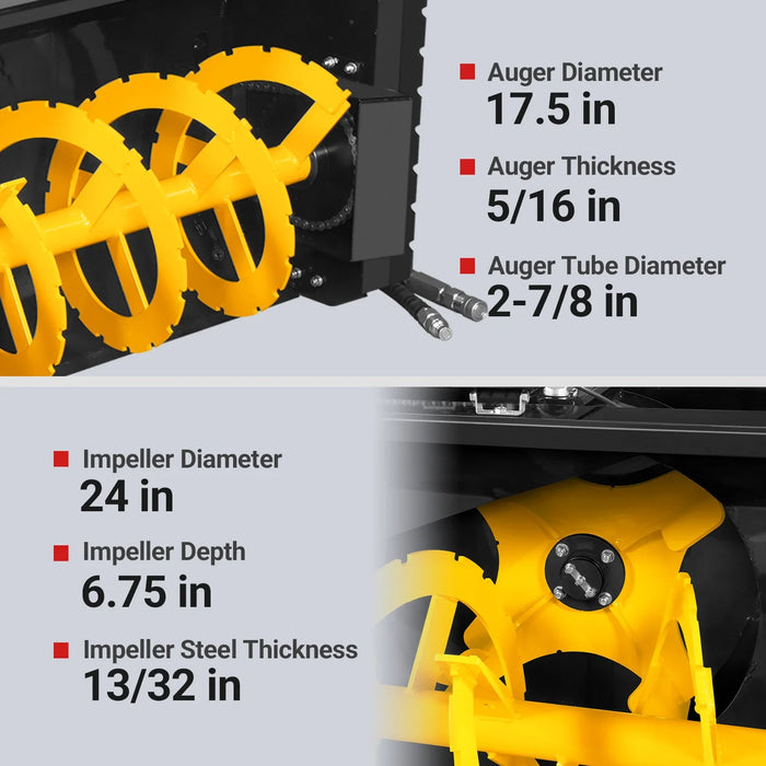 84" Hydraulic Skid Steer Snow Blower, 16–24 GPM, Hydraulic Chute Rotator & Deflector, 24" Impeller, SSB84H