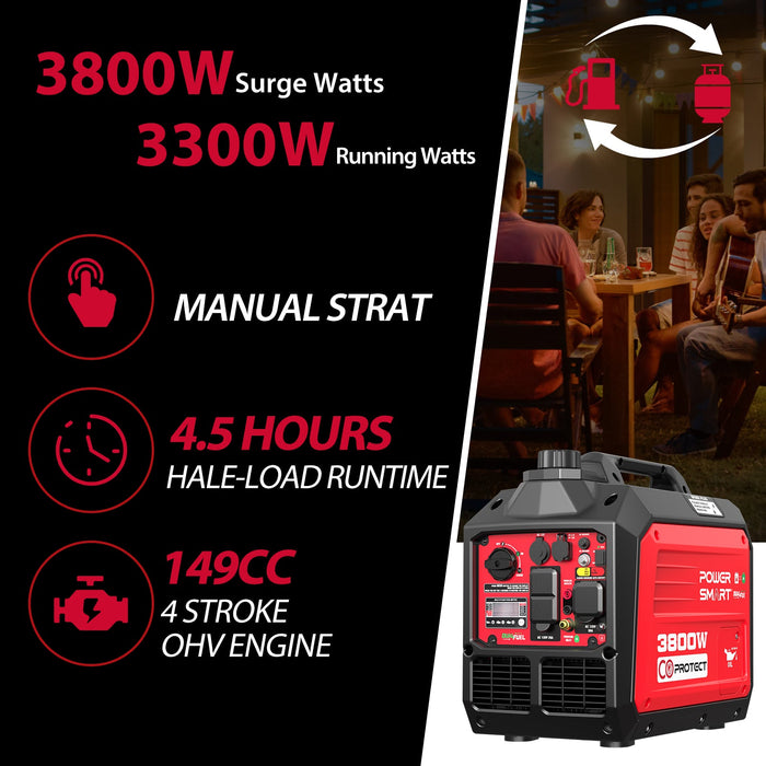 PowerSmart 3800W/3500W Gas/Propane Dual Fuel Inverter Generator w/ CO Alert HB5040DC