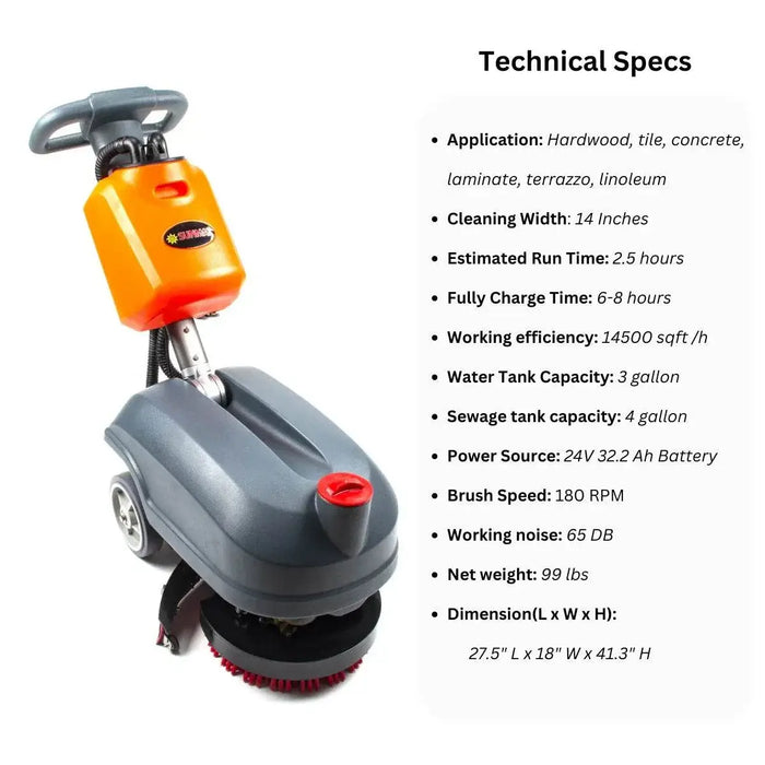 RT15 14" Battery Powered Commercial Walk-behind Floor Scrubber Machine