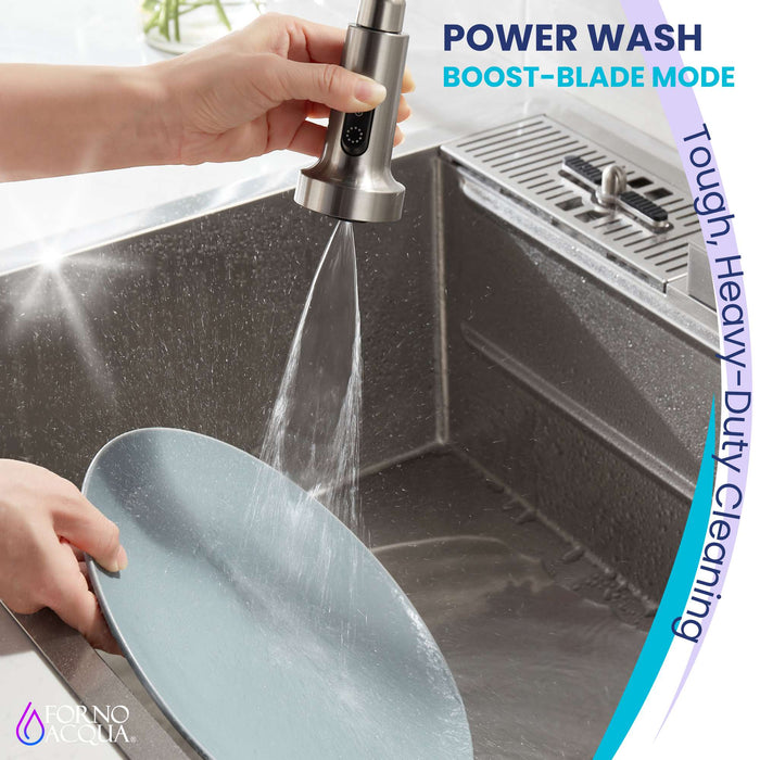 Forno Acqua -inch kitchen faucet in brushed nickel power wash mode detail