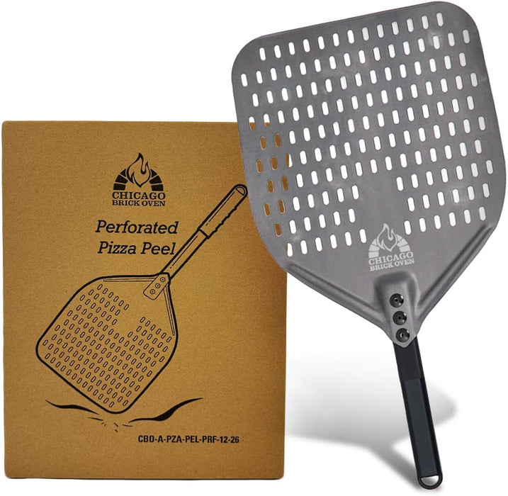 Chicago Brick Oven Perforated Pizza Peel - 12"x15" Anodized Aluminum Pizza Steel, 11" Handle, 26" Overall Length
