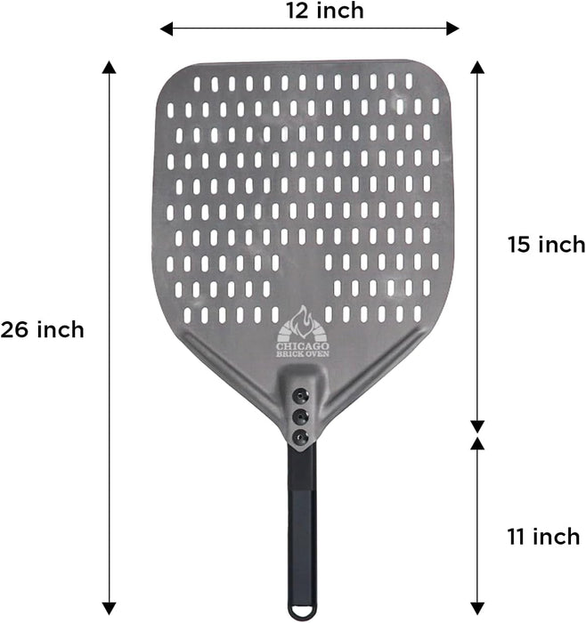 Chicago Brick Oven Perforated Pizza Peel - 12"x15" Anodized Aluminum Pizza Steel, 11" Handle, 26" Overall Length