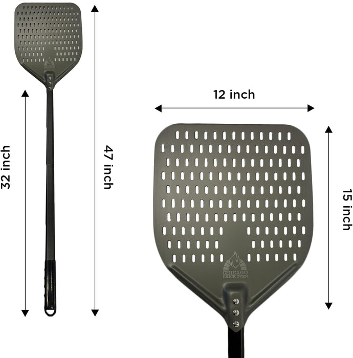 Chicago Brick Oven Perforated Pizza Peel - 12"x15" Anodized Aluminum Pizza Steel, 32" Handle, 47" Overall Length