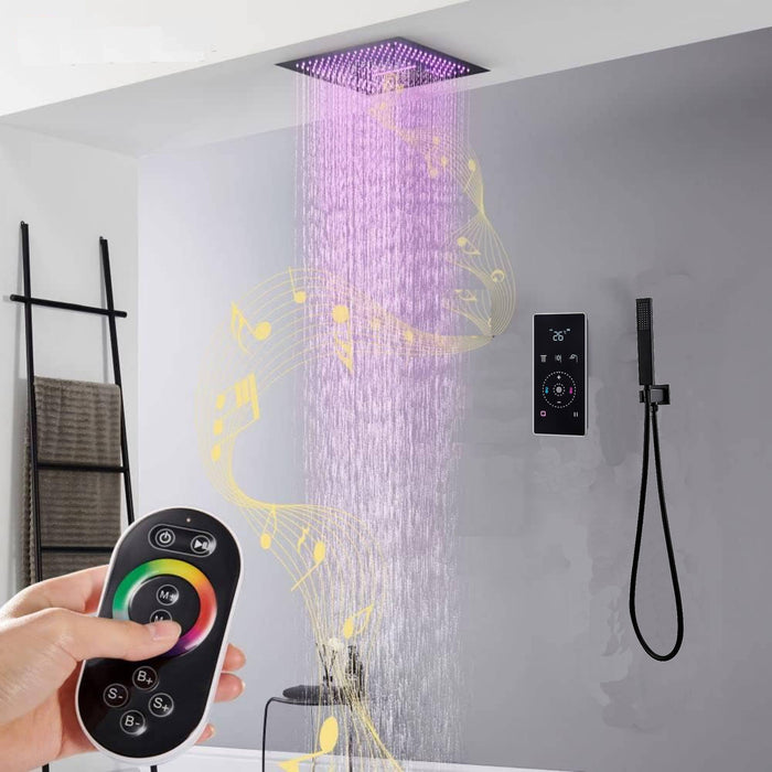 16" LED Chrome/Matte Black/Brushed Gold/Nickel Shower Head with 3-Way Thermostatic Valve, LED Display, 6 Body Jets - angle view