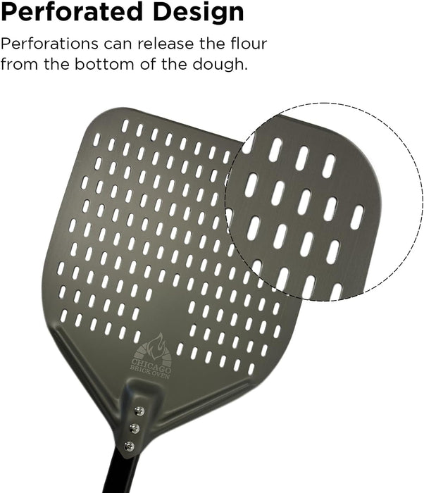Chicago Brick Oven Perforated Pizza Peel - 12"x15" Anodized Aluminum Pizza Steel, 32" Handle, 47" Overall Length