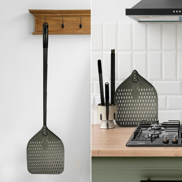 Chicago Brick Oven Perforated Pizza Peel - 12"x15" Anodized Aluminum Pizza Steel, 32" Handle, 47" Overall Length
