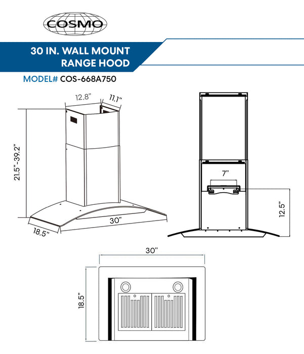 Cosmo 4-Piece Appliance Package - 30-Inch Dual Fuel Range, Wall Mount Range Hood, Dishwasher and Refrigerator in Stainless Steel (COS-4PKG-042) Cosmo